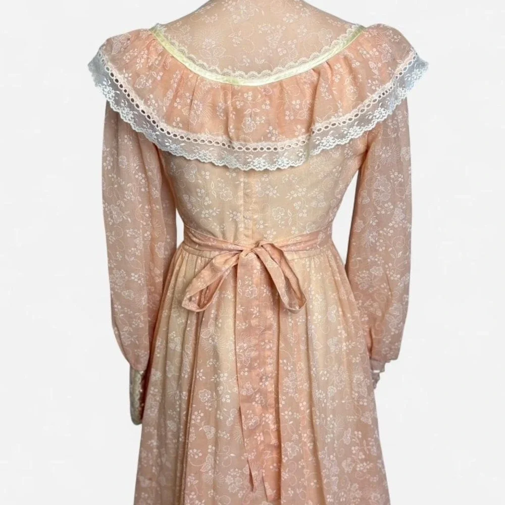 Vintage 70s Gunne Sax Pink Floral Prairie Dress Lace Ruffle Maxi Size 7 XS - Picture 4 of 7